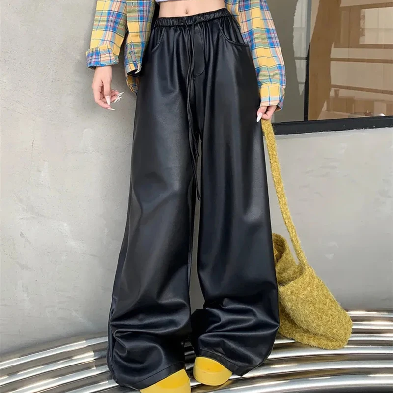 Black Harajuku Loose Leather Women Straight High Waisted Y2K Lazy Trousers Fashion Pu Biker Racing Hiphop Dance Wide Leg Pants