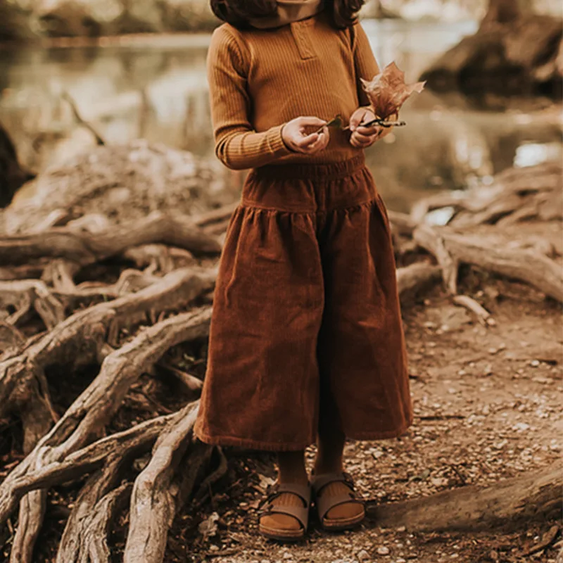 

2025 Spring and Autumn Corduroy Children's Wide Leg Pants Nordic Style Loose Casual Pants Versatile Elastic Waist Pants