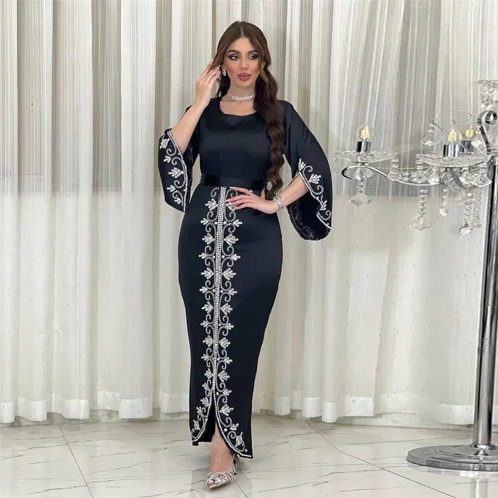 Vestido elegante árabe vestidos longos de noite feminino cetim diamantes com cinto abaya ramadan muçulmano marroquino festa kaftan bodycon roupas