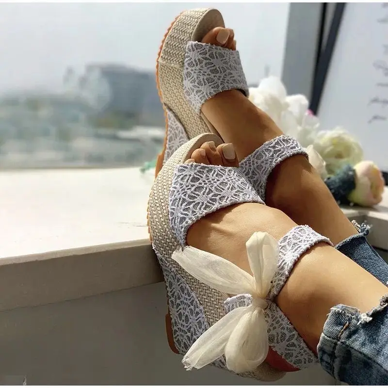 Hot Lace Leisure Women Wedges Heeled Women Shoes 2022 Summer Sandals Party Platform High Heels Shoes Woman