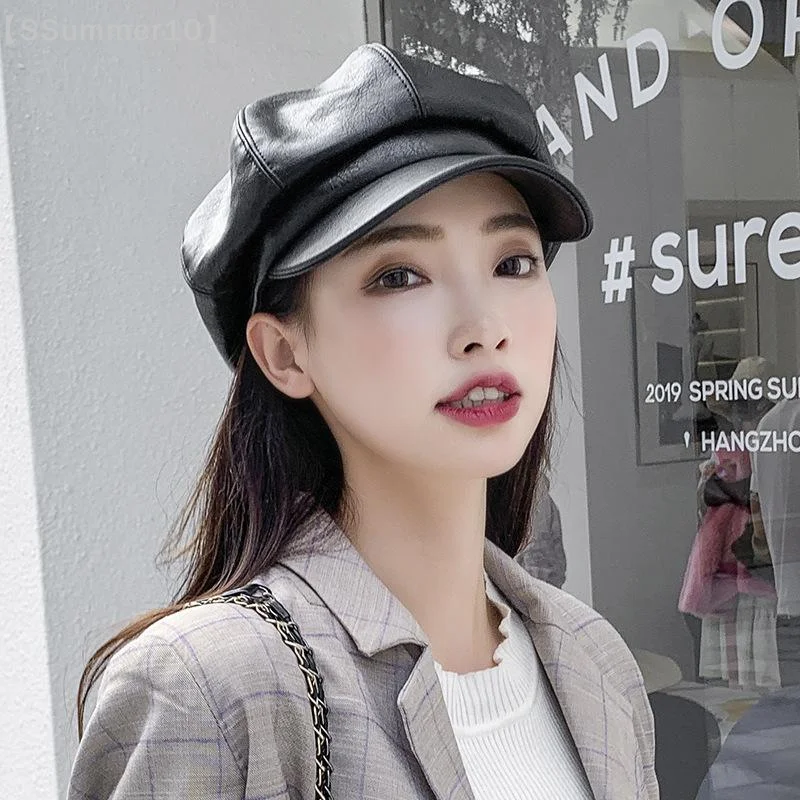 【SSummer10】New Unisex PU Leather Beret Retro Korean Style Octagonal Newsboy Artist Cap For Photography Dates And Urban Commuting