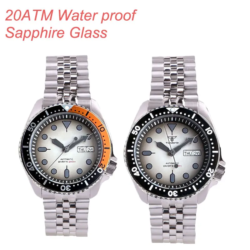 

200M Waterproof Tandorio 41MM Black Chapter Ring Japan NH36A Automatic Movement Weekday Date Steel Men Watch Sapphire Glass