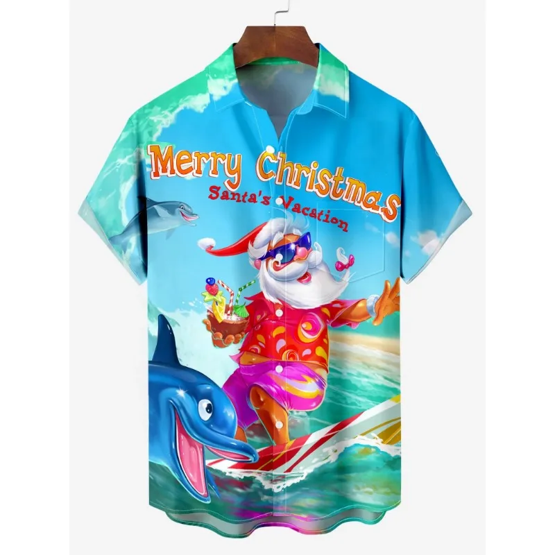 

Christmas Men's Short Sleeve Lapel Shirt 3d Printed Santa Claus Surfing Print Casual Comfortable Fashion Shirt as Gift