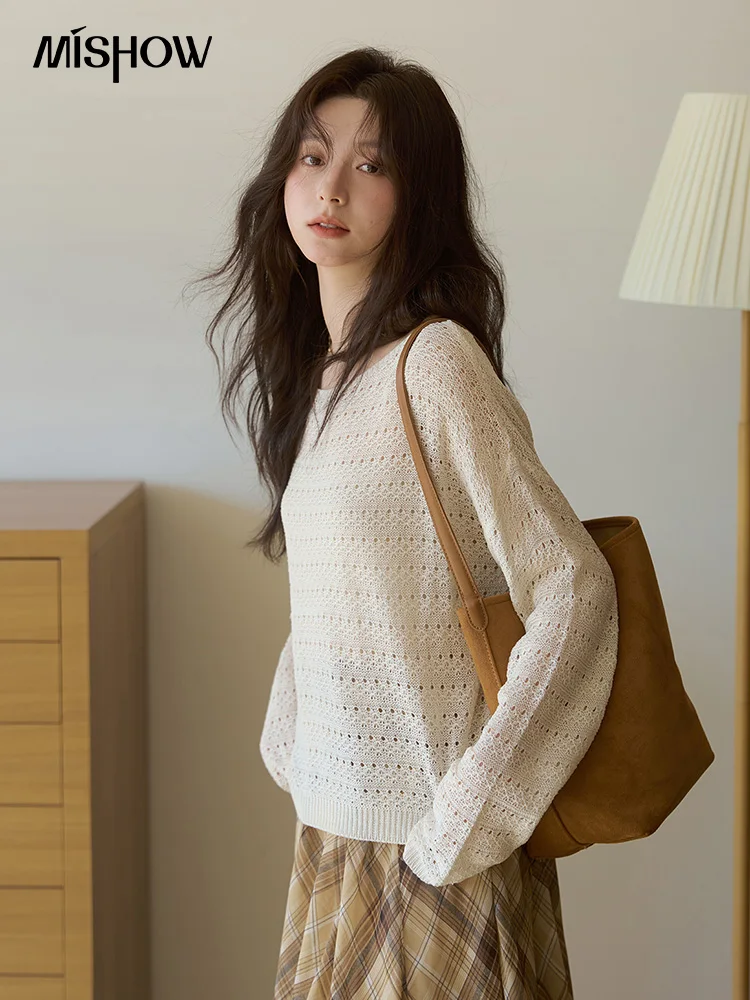 MISHOW Autumn White Imitation Linen Knitted Top 2025 Hollowed Out Casual Knitted Top Shoulder Sleeves Commuting Tops MXE42Z1350