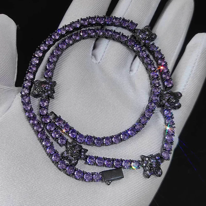 HIP Hop 3A+ Purple CZ Stone Paved Bling Iced Out Cartoon Character Tennis Link Chain Necklace for Men Rapper Jewelry Gift