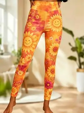Women Mid‑Rise Fleece Lined Leggings, Tie‑Dye Rainbow Sun Smiley Flower Print Slim Stretch Casual Pants