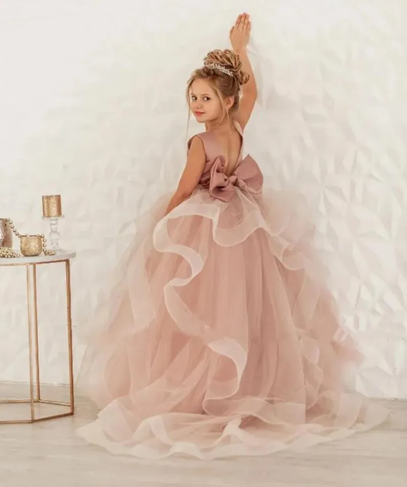 

Dusty Rose Tulle Flower Girl Dress Satin Organza Tutu Girl Dress Princess Pageant Gown Girl Birthday Dress Custom Color