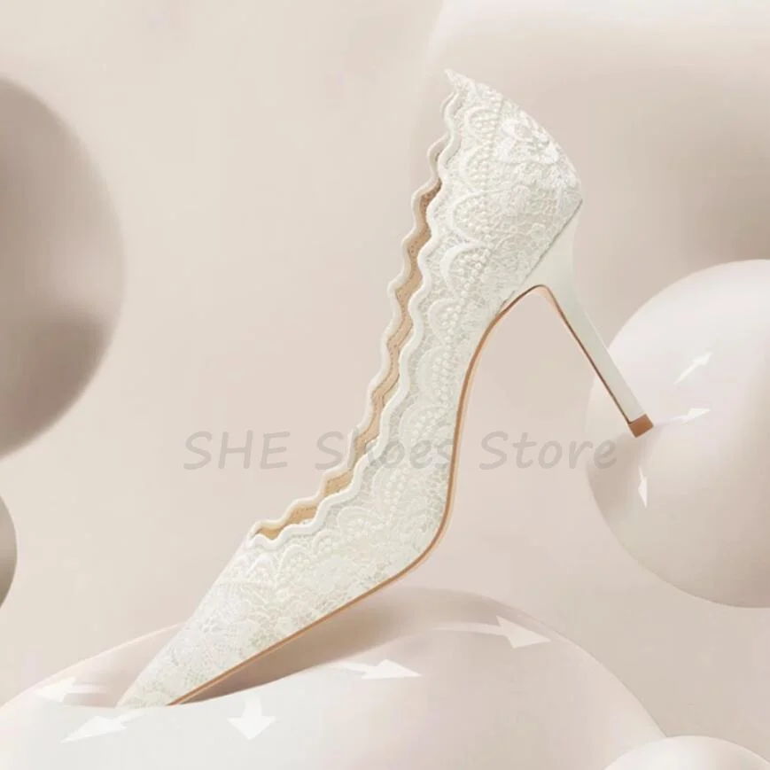 White Embroidered Lace Pumps for Women Summer Breathable Wedding Bride Shoes Pointed Toe Thin Hight Heel Shallow Ladies Sandals