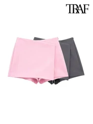 TRAF Women Fashion Asymmetric Pareo Style Self Overlay Shorts Skirts Vintage High Waist Side Zipper Female Skort Mujer