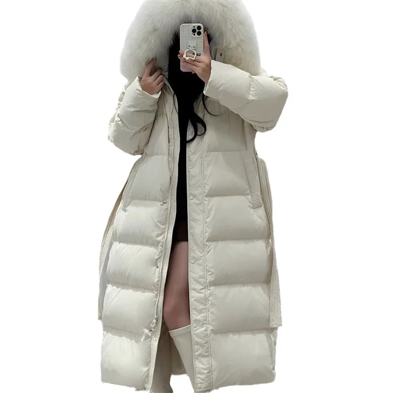 Winter Down Jacket For Women Loose White Duck Down Warm Long Coat With Fur Collar