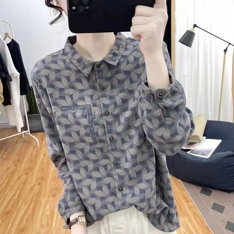 

Spring Casual Korean Fashion Loose Buttons Single Breasted Printing Long Sleeve Bright Easy Close to the People Wild Popularity