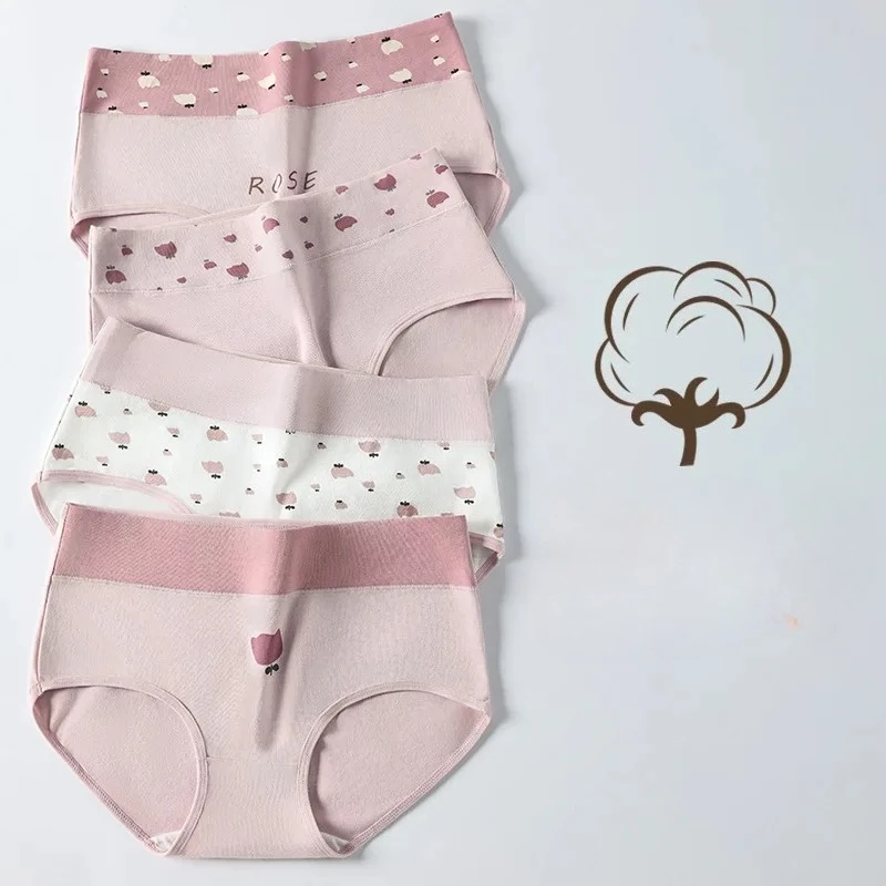 

4Pcs Women's Underwear Pure Cotton Printing Plus Size Traceless Antibacterial Women's Belly Cute Girl Briefs Female Lingerie