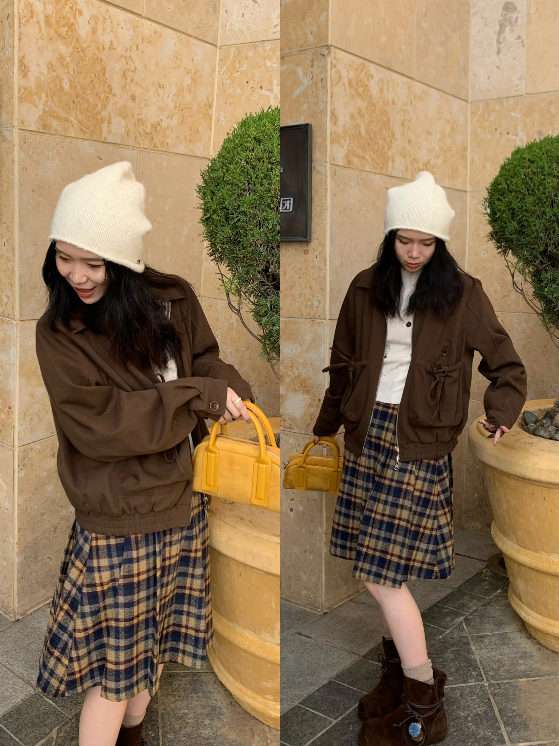 

Двусторонняя одежда, свободное американское повседневное клетчатое коричневое пальто Jaet Rouhop Harlingtons Duo-Tune, женское хлопковое утягивающее пальто