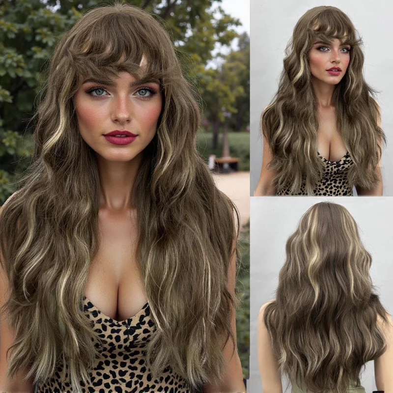 أبرز الشعر الطويل الجزء الأوسط شعر طويل مجعد لمنتجات WomencosFiber شعر مستعار مقاوم للحرارة نمط شعر الرأس بالكامل