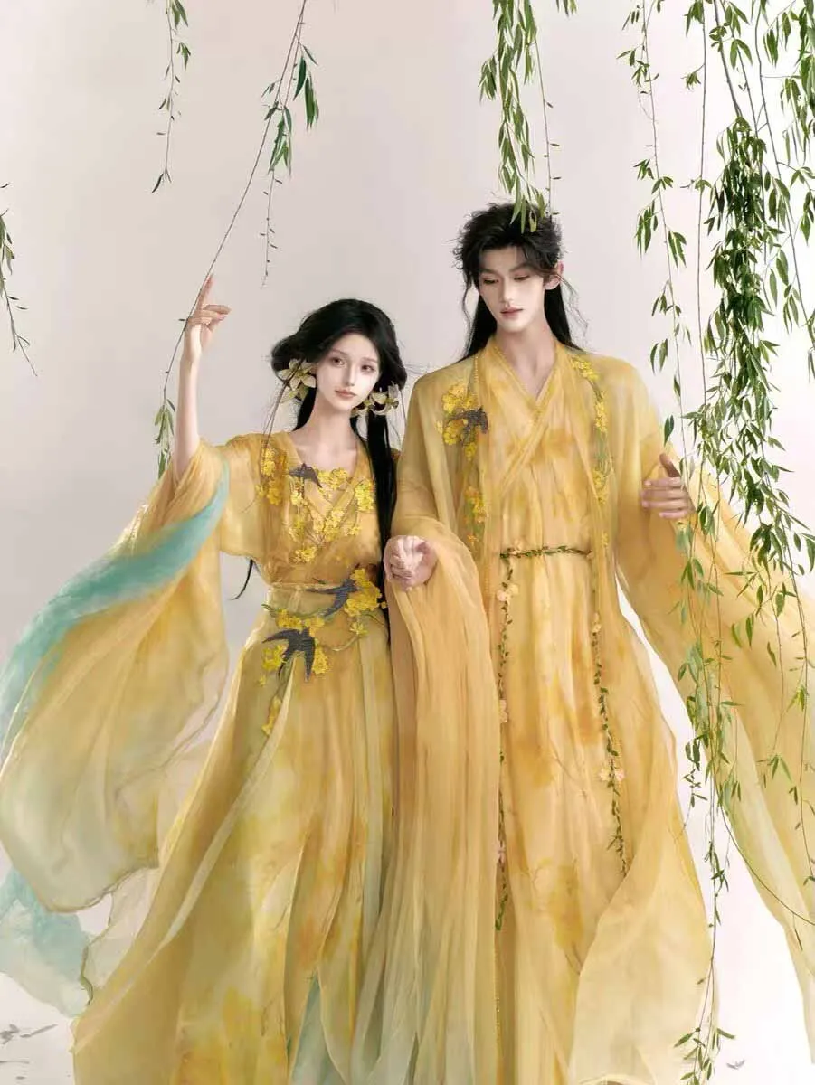 

Men Women Matching Wei Jin Hanfu Yellow Embroidery Fairy Dress Halloween Cosplay Outfit Chinese Ancient Noble Couple Costume