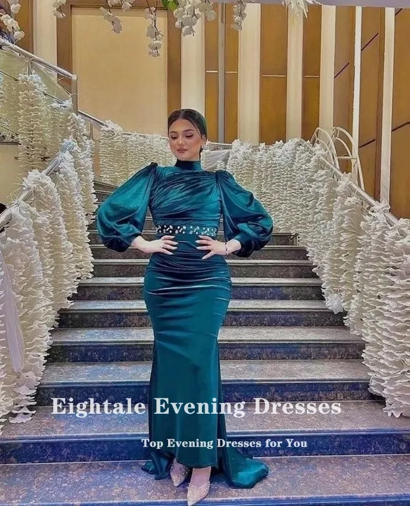 Eightale árabe vestidos de noite muçulmano alta pescoço frisado mangas compridas verde sereia baile de formatura vestidos de festa elegantes para mujer