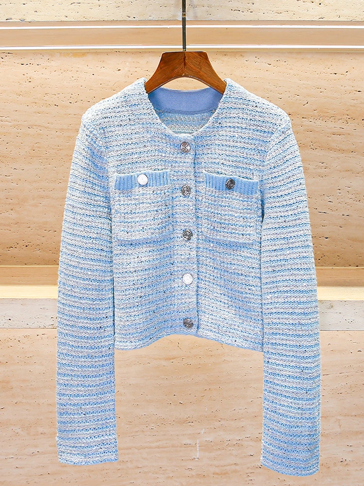 M 홈 난 유 고급 여성 니트 가디건 2025년 봄 초시즌 스몰 프래그런스 스타일 블루 화이트 스트라이프 재킷