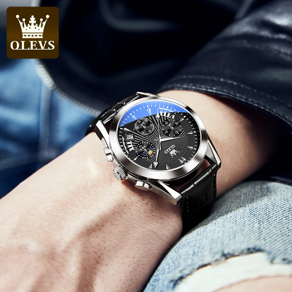 OLEVS 2876 ساعة رجالي حزام من الجلد ساعة كوارتز مقاوم للماء مضيئة مرحلة القمر متعددة الوظائف ساعات كرونوغراف للرجال هدية