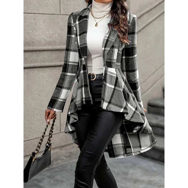 

2025 Plaid Button Front Jacket Elegant Long Sleeve High-Low Horn Jacket