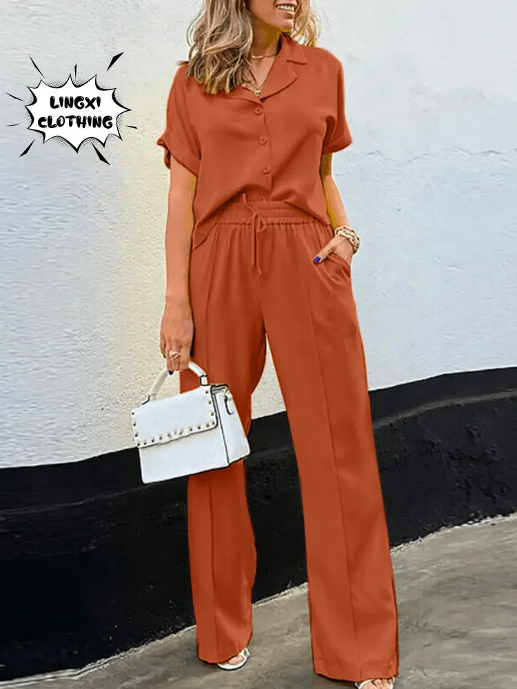 

2023 Summer Leisure Fashion New Women's Two Piece Set Women's Short Sleeve Single Breasted Shirt Wide Leg Pants Two Piece Set