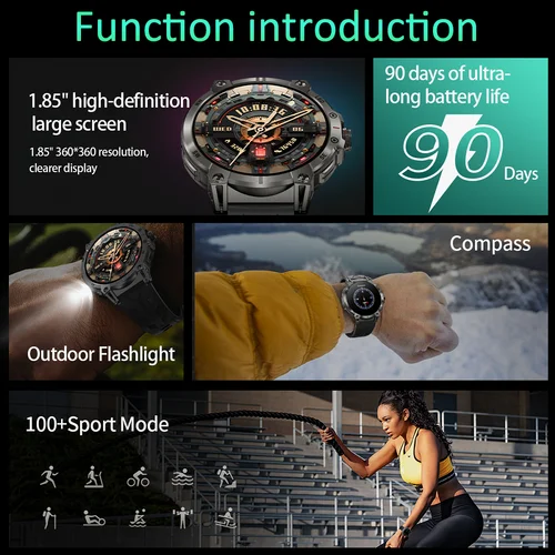 Imagen 2 del producto Reloj inteligente militar para hombres, llamada Bluetooth de 760mAh, linterna LED, brújula, pantalla grande 1.85HD, frecuencia cardíaca, presión arterial, IP68 resistente al agua