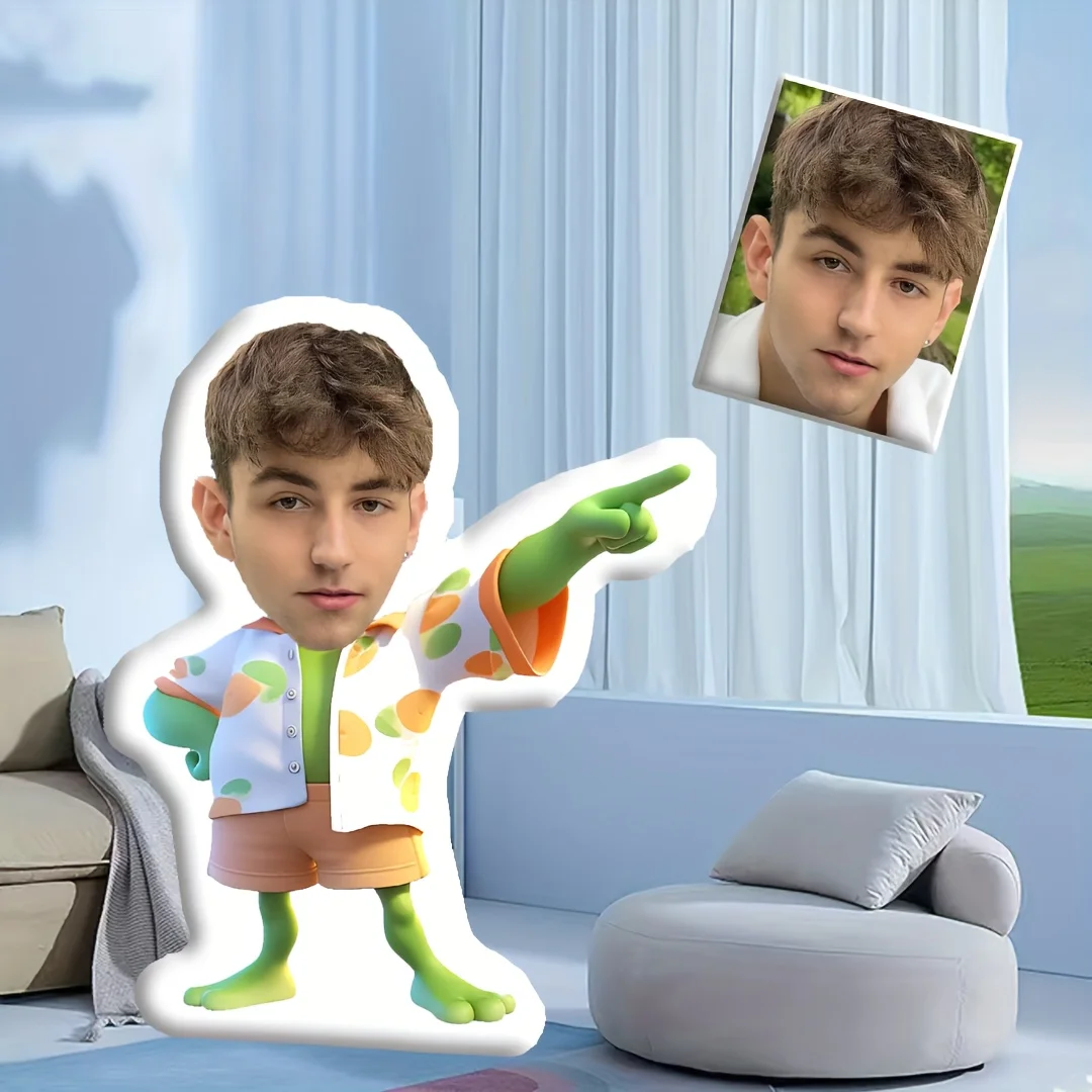 A Custom Face Photo Frog Prince Pillow, Personalized Frog Prince Plush Cushion - Featuring a Vibrant Green And White Design with