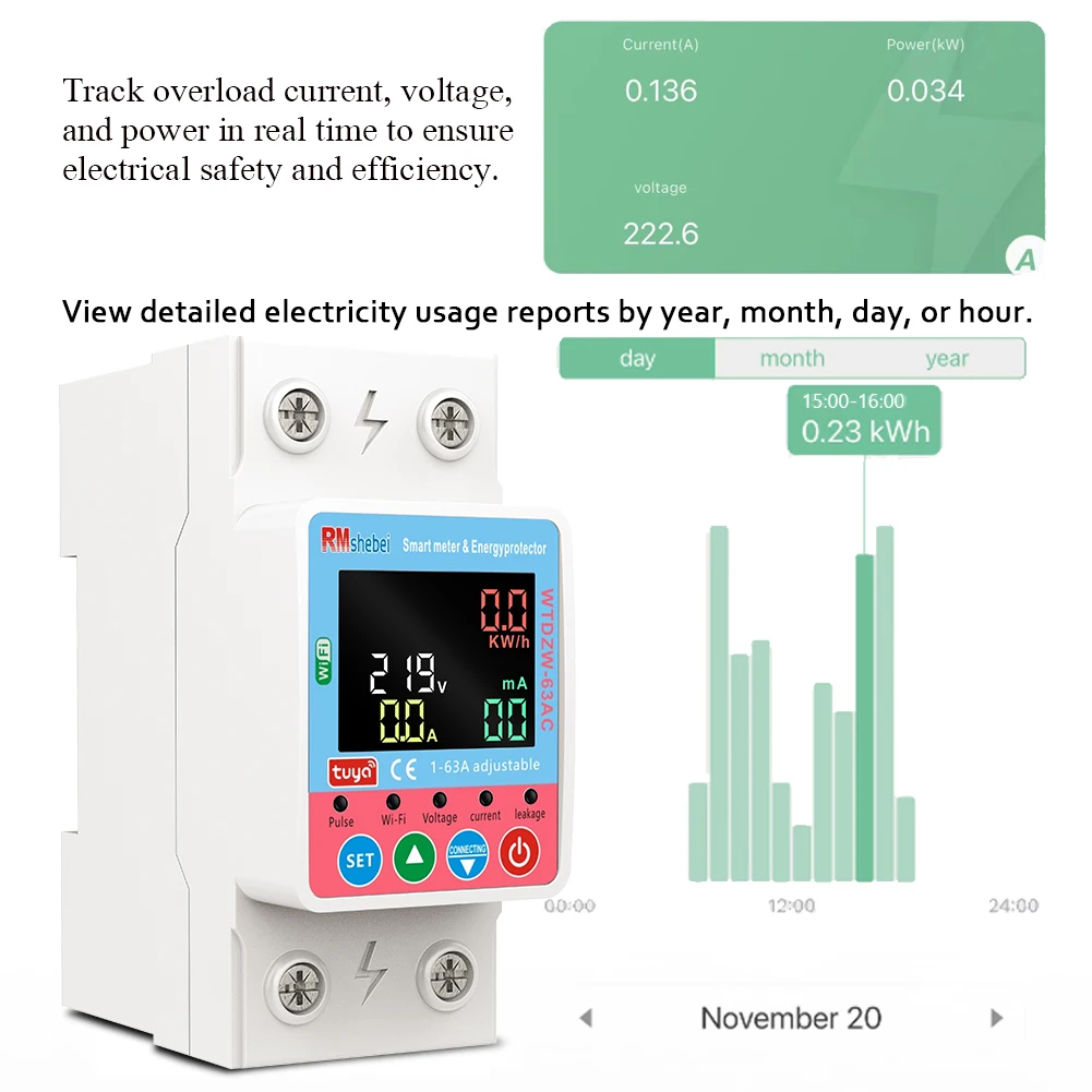 RMshebei Tuya قاطع دائرة WiFi ذكي 220 فولت 2P 63A جهاز تحكم عن بعد إعادة إغلاق تلقائي للجهد الزائد حماية من التسرب الزائد #3