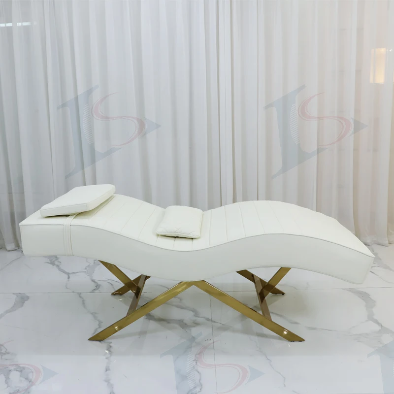 S Curve Beauty Massage Bed White PU Gold Metal X Frame With Pillows Curved Spa Facial Bed for Eyelash Salon Skin Care Room