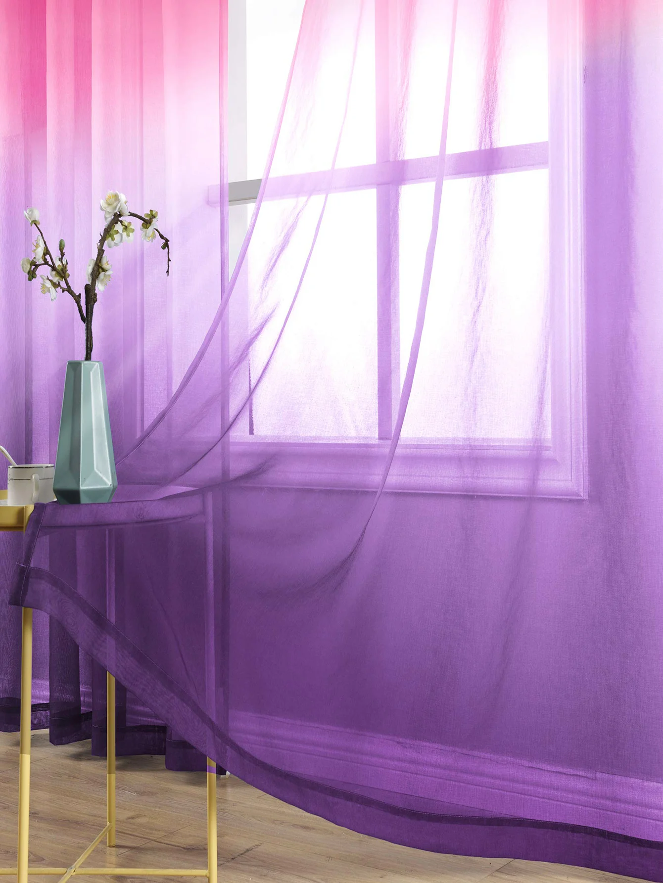 Pink Purple Contrast Gradient Breathable Grommet Top Curtain, Grand Decorative Gauze Curtains For Bedroom And Living Rooms