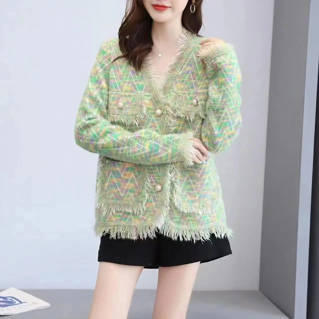 Sweater Cardigan wanita, atasan Sweater longgar kelas atas gaya Hong Kong tabrakan warna baru musim gugur dan musim dingin