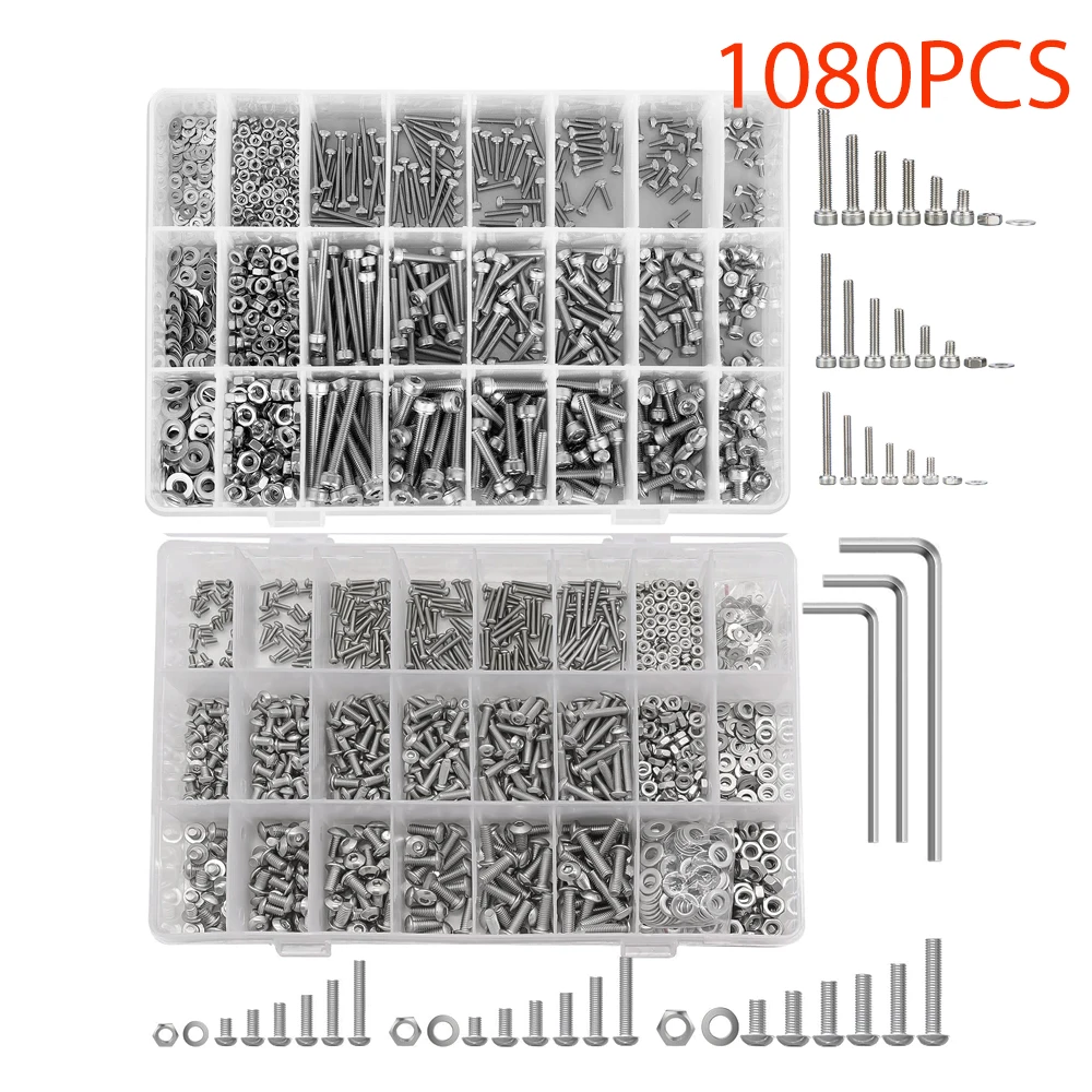 1080Pcs Stainless Steel 304 Fastener Hardware M2/M3/M4 Hexagon Socket Head Cap Screws Flat Washer with 3PCS Nuts Wrench Kit