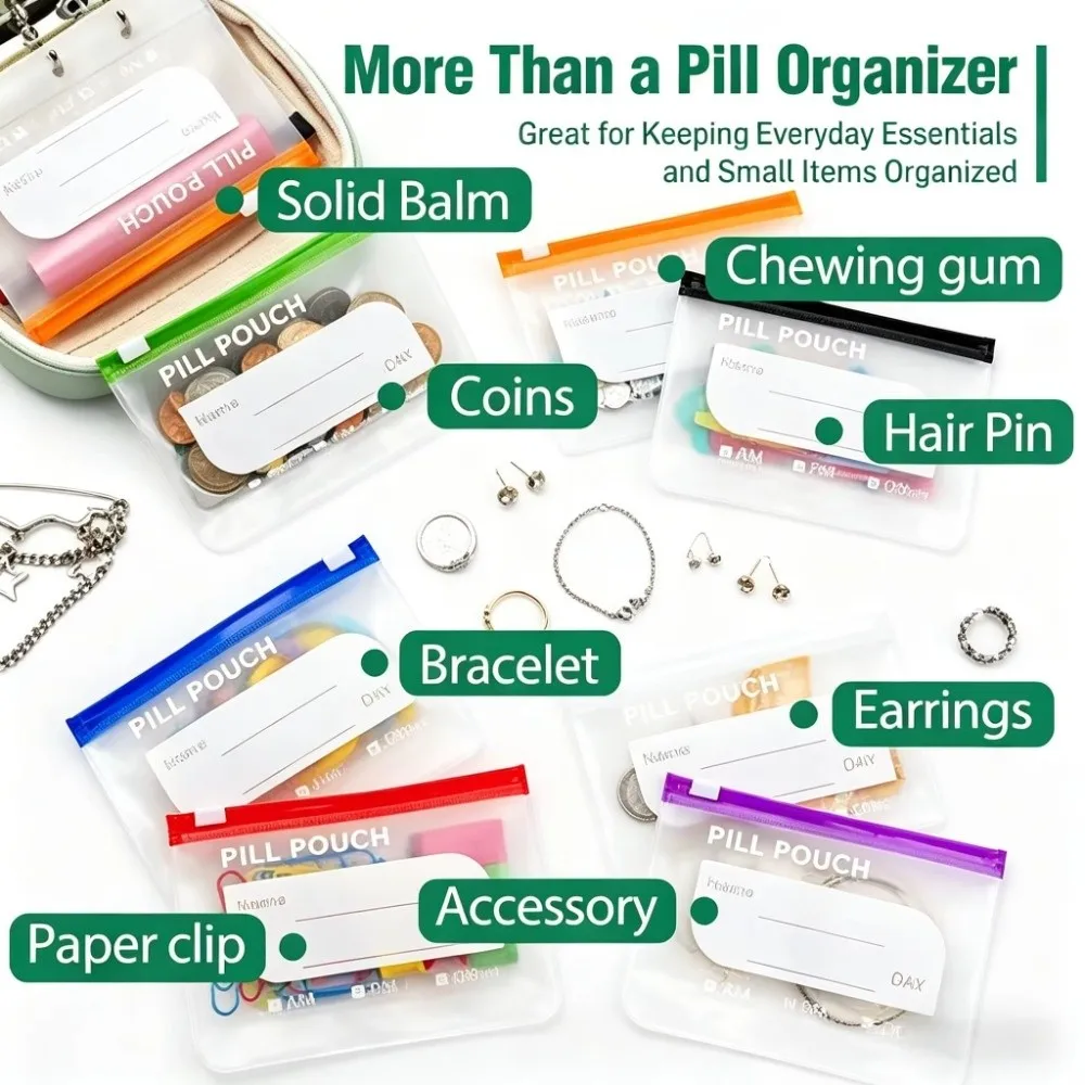 7/14PCS BPA-Free Weekly Pill Organizer Color Coded Zipper Design Medicine Storage Case Reusable Waterproof Pill Pouch Set