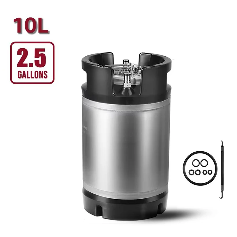 10L Ball Lock Keg,Homebrew 2.5 Gallon Beer Corny Keg with Ball Lock Post,Rubber Handle & Base,Extra Spare Keg Lid O-ring Kit