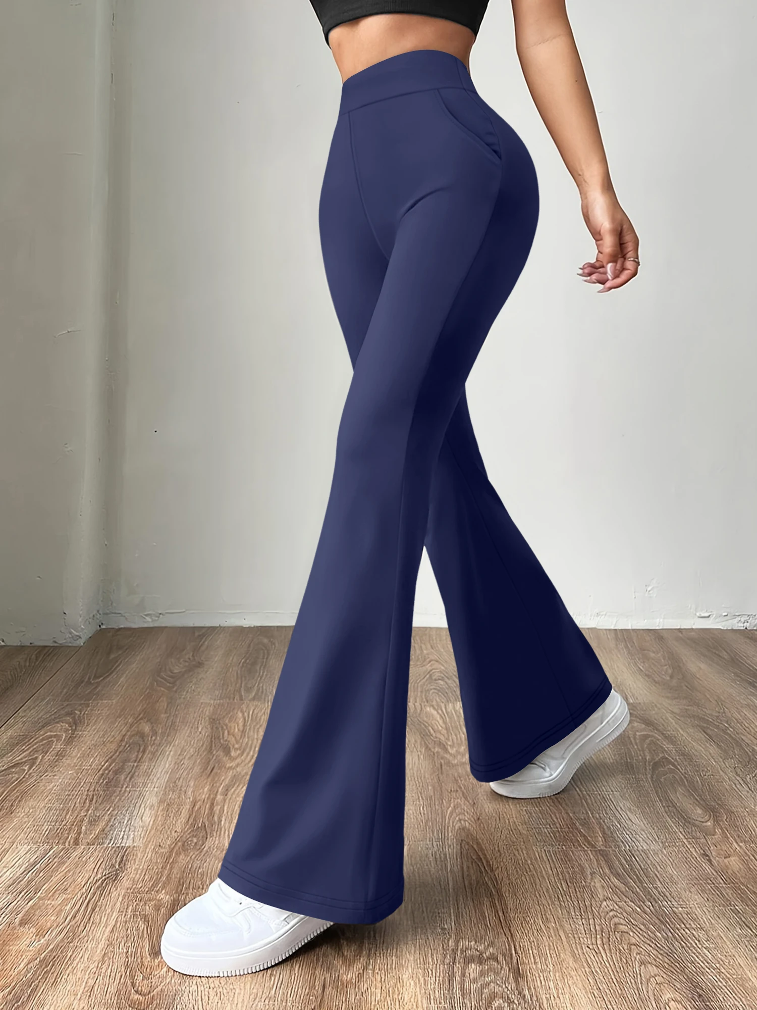Solid Basic Women High Waist Bell Bottom Yoga Pants With Pockets Stretch Flare Gym Fitness Lounge Trousers