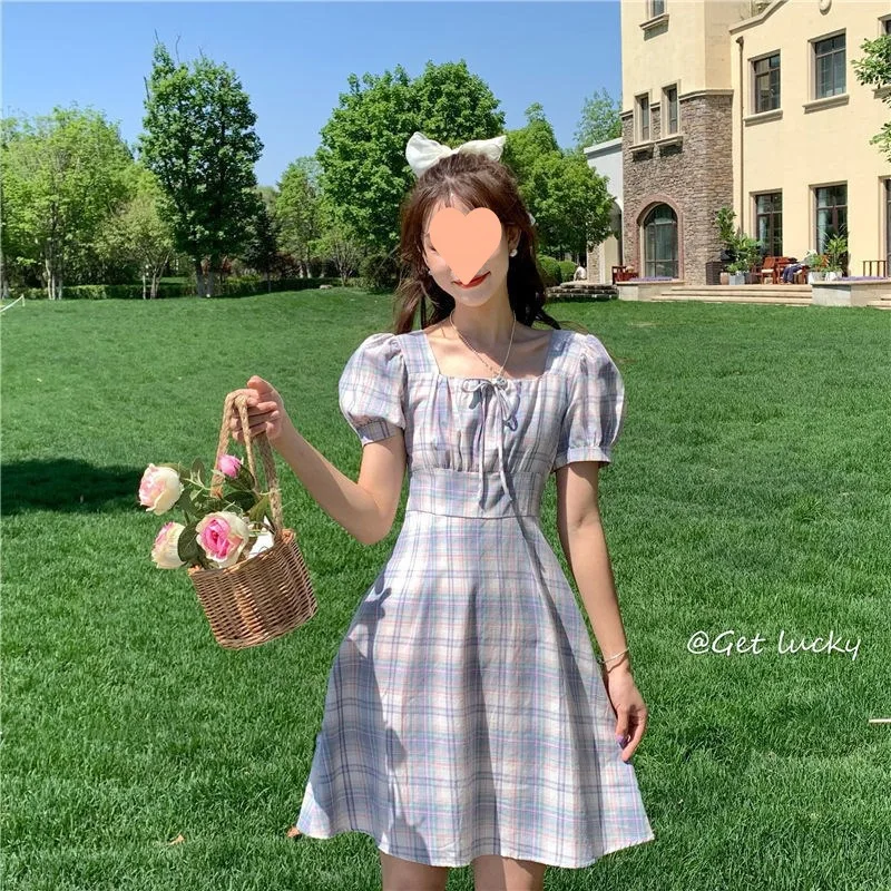 Women Vintage Gothic Lolita Lace Ruffled Plaid Dress Slim Chinese Cheongsam Short Sleeve Dress Sweet Preppy Dresses Summer 2024