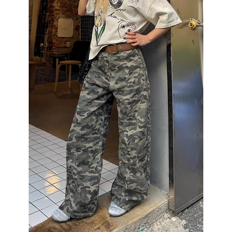 

Женские винтажные мешковатые камуфляжные джинсы-карго, осень 202, эстетические брюки Harajuku, большие размеры Y2k, брюки 2000-х, 90-х годов с высокой талией