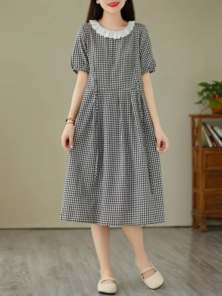 

Летняя кружевная отделка, круглая клетчатая хлопковая подкладка Dr, женская повседневная свободная юбка-миди с завязкой на талии для похудения, трапециевидной формы Dr