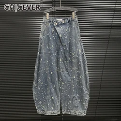 CHICEVER Ripped Design Jeans For Women Patchwork Zipper Casual Streatwear Baggy Wide Leg Pant Trousers Female Summer Clothes New