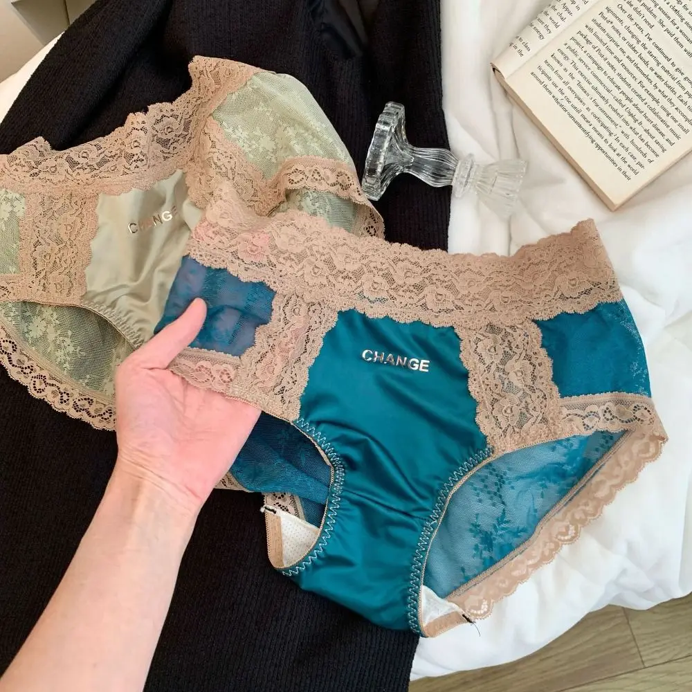 

Mesh Floral Ice Satin Silk Briefs Ultra-thin Mid Waist Lace Seamless Panties Cotton Crotch Female Lingerie Underwear for Women