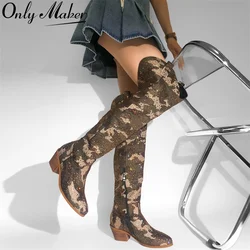 Onlymaker Women Pointed Toe Camouflage  Rhinestone Over The Knee Boots Chunky Heel Bling Big Size Female Boots
