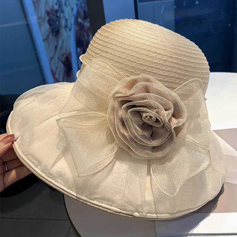 

Fashion Organza Flower Casual Sunscreen Hat Breathable UV Protection Bucket Hat Women Elegant Fisherman Hat Outdoor