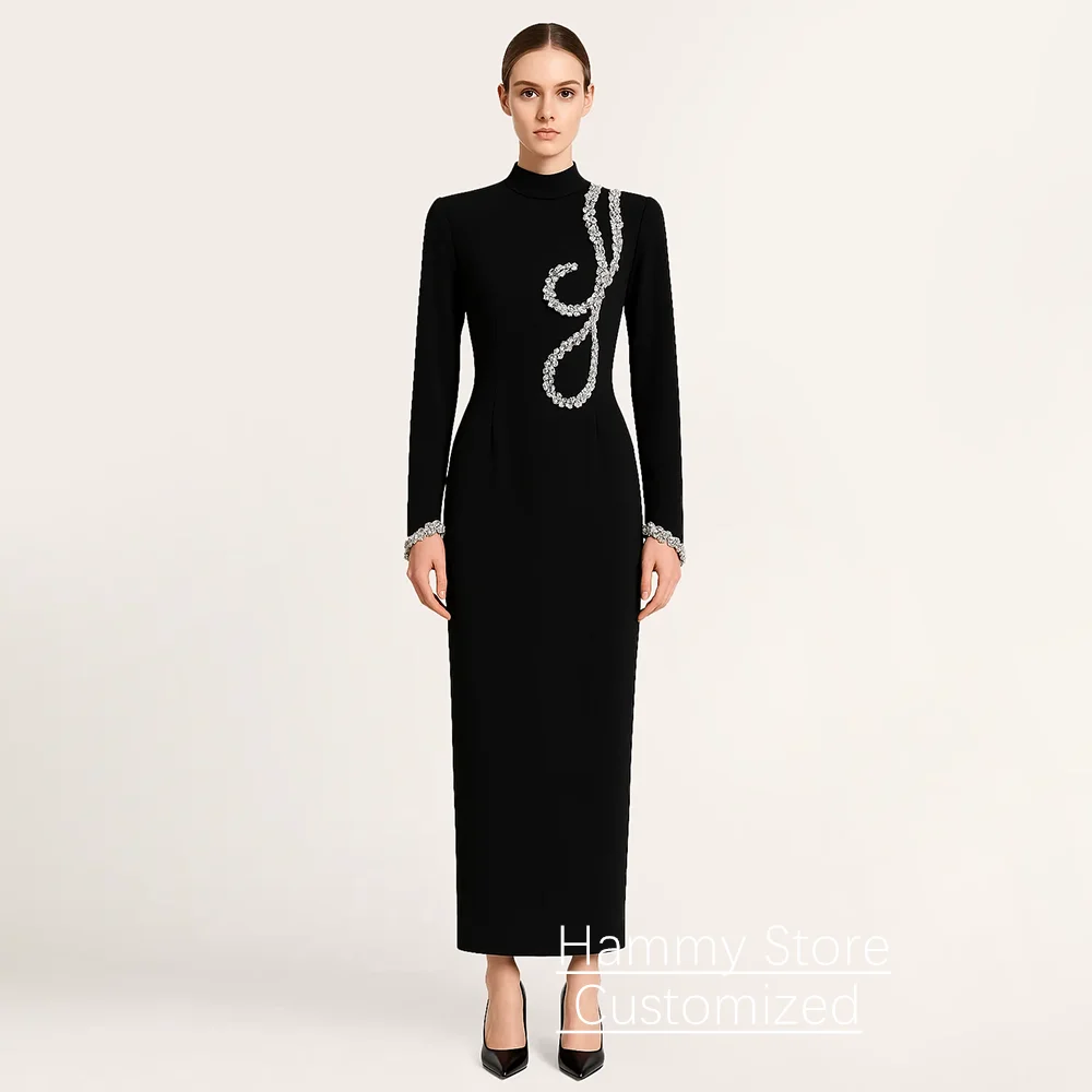 

Modest Black Evening Dress Ankle Length Customized High Neck Full Sleeves Crystal Stones Straight Arabian Dancing Party Gown
