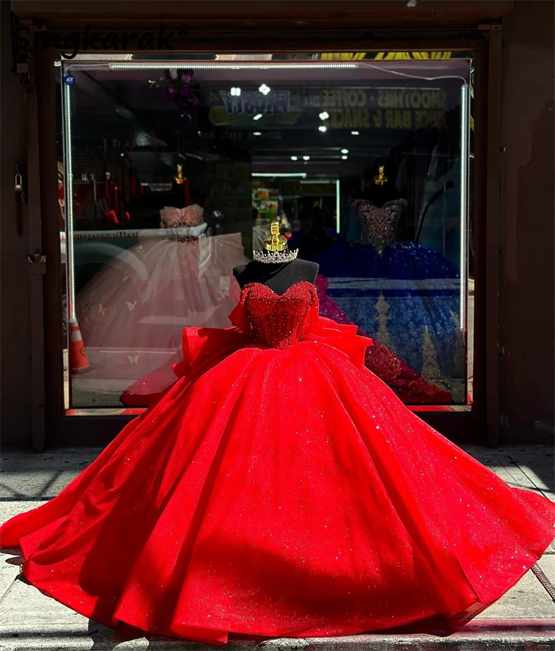 Red Quinceanera Dresses With Bow Sweet 16 Dress Appliques Crystal Pearls Beads Birthday Party Gowns Vestido De 15 Customized