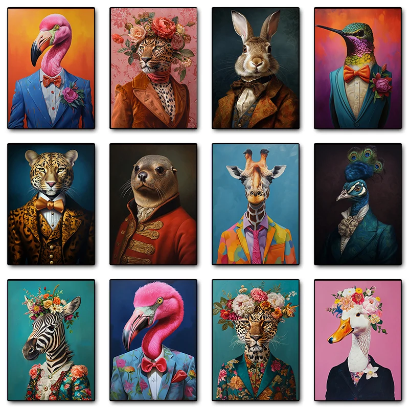 (2D Canvas Painting) Suit Animals Giraffe Flamingo Leopard Rabbit Peacock Portrait Poster Print Wall Art Pictures Canvas Pain