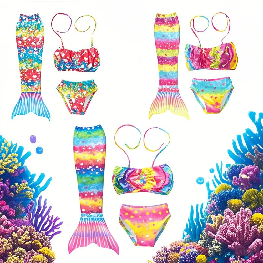 

Костюм русалки для косплея, детский маленький купальник, цвета, яркий купальный костюм принцессы, комплект бикини, подходит для пляжа
