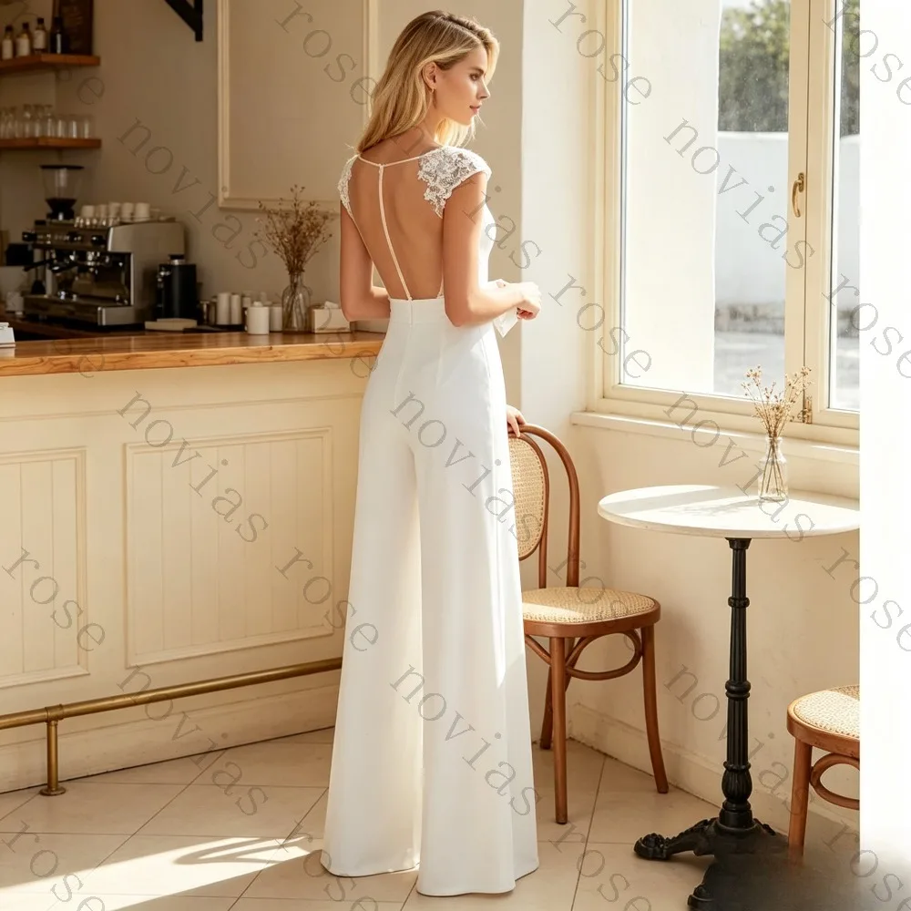 Customized 2026 Minimalist Satin Wedding Jumpsuit Sleeveless Wide Leg Bridal Pantsuit with Detachable Train for Beach Ceremony