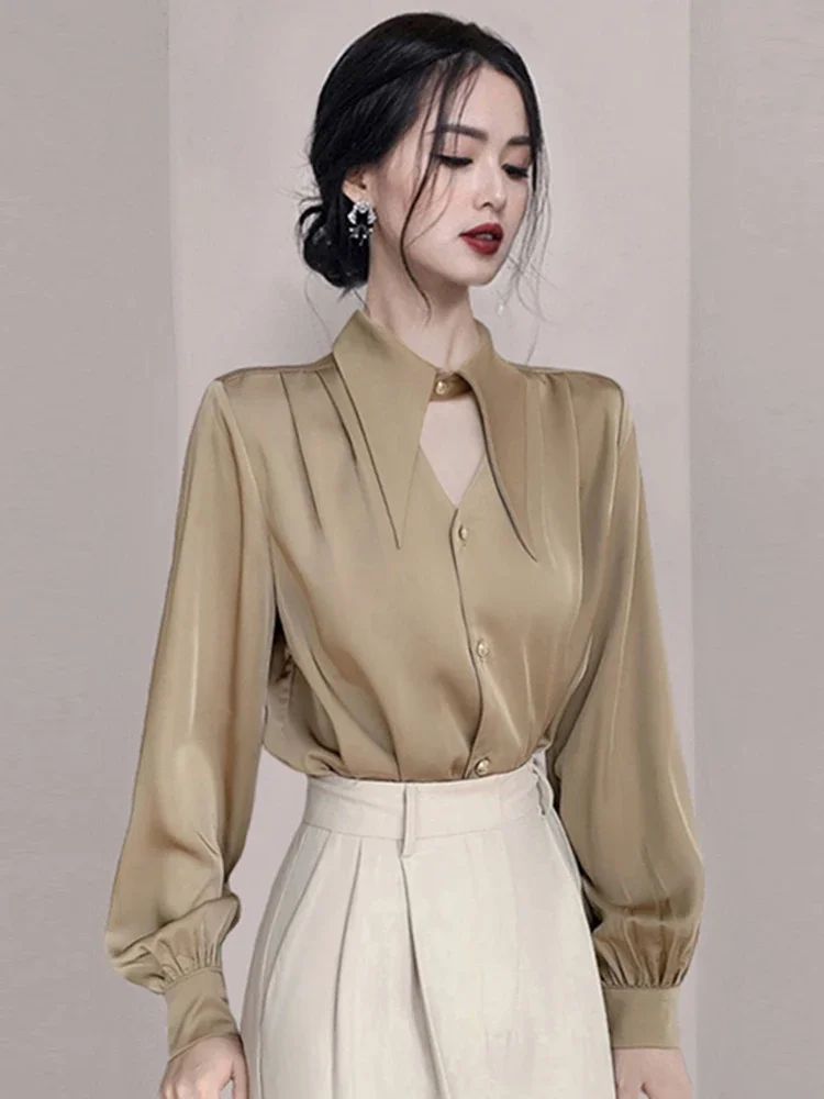 Zoki Sexy Hollow Out Women Satin Shirt Elegant Long Sleeve Casual Office Lady Blouse Korean Fashion All Match Loose White Tops