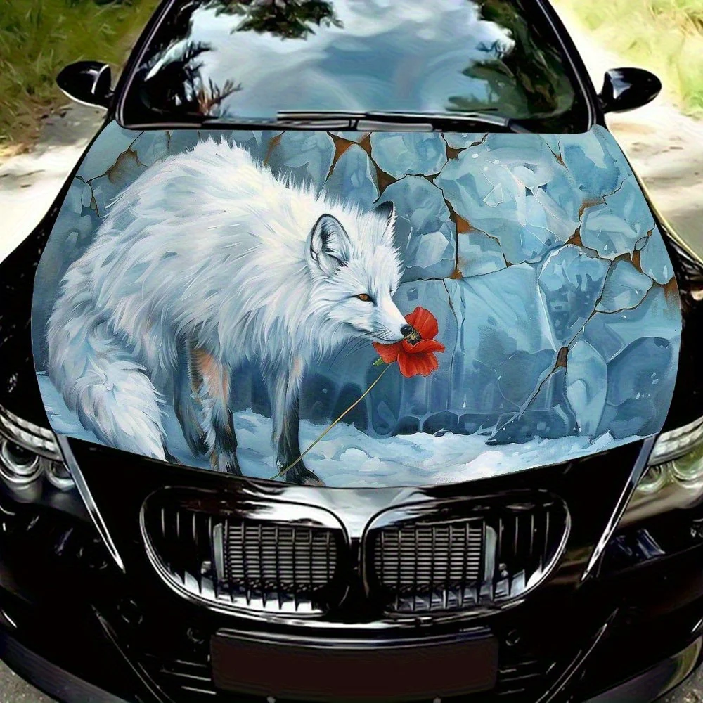 

Виниловые обертывания на капот автомобиля Snowy White Fox Red Flower Scene, наклейка на двигатель автомобиля, водонепроницаемые самоклеящиеся виниловые обертывания автомобиля, Surfa
