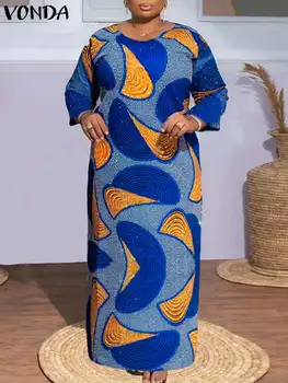 플러스 사이즈 5XL VONDA 보헤미안 캐주얼 프린트 맥시 드레스 2024 여름 여성 빈티지 긴 소매 Sundress Loose Femme Robe Vestido