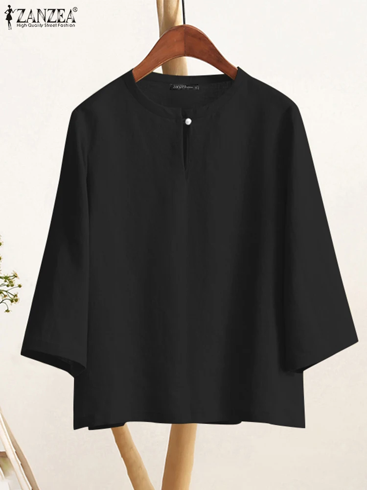 ZANZEA Vintage O cou Blouse solide coton 3/4 manches tenue quotidienne Blusas Mujer 2025 printemps été décontracté ample plaine haut pour femme